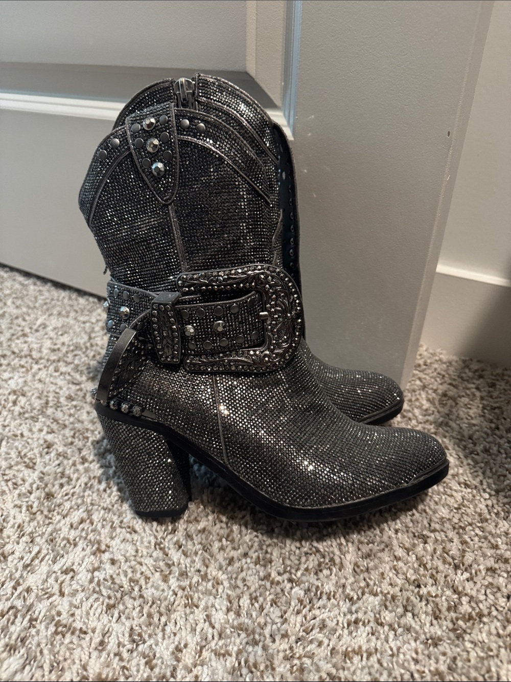 Dolls Kill Black Sparkle Western Ankle Boots with Embellished Buckle